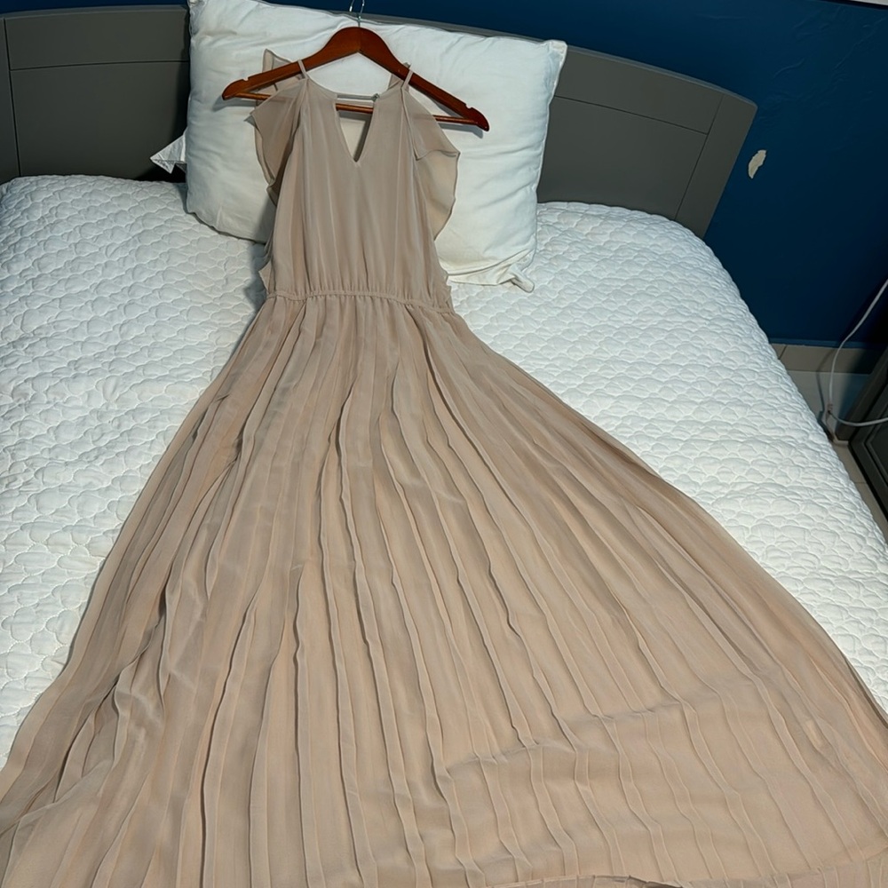 Bridesmaid champagne dress pleated skirt, open back.  Used like new.  Halter